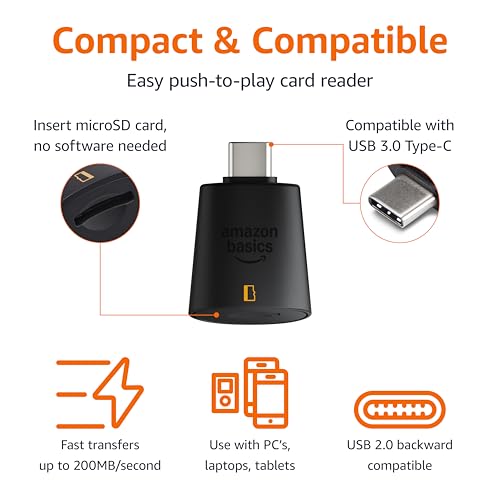 Amazon Basics Micro SD Card Reader USB-C 3.0, High Speed Data Transfer up to 200MB/s, Compatible with Smartphones, Tablets, Laptops - size: USB-C