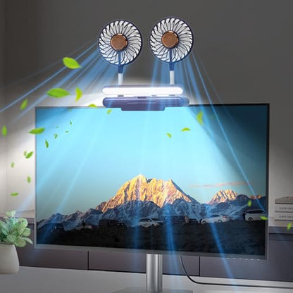 Desktop Fan with LED Lights, Monitor Clip on Fan with 2 Rotatable Heads, 3 Speeds Office Desk Fans Small Quiet Sturdy Adjustable Clamp, Strong Wind Personal Cooling Fans for Laptop, Desktop. - color: Blue Fan with Lights
