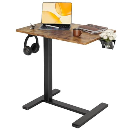 Claiks Mobile Standing Desk with Cup Holder Overbed Table 25.5" Brown | Cup Holder, Rolling Adjustable Desk, Hidden Wheels, Gas Spring Lift, Side Hook, Easy Assembly, Hospital Use - color: Rustic Brown