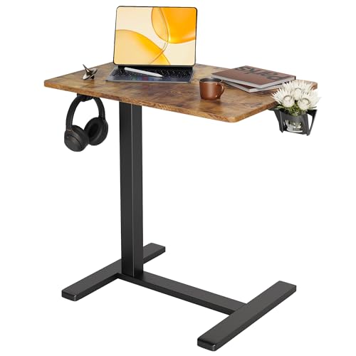 Claiks Mobile Standing Desk with Cup Holder Overbed Table 25.5" Brown | Cup Holder, Rolling Adjustable Desk, Hidden Wheels, Gas Spring Lift, Side Hook, Easy Assembly, Hospital Use - color: Rustic Brown