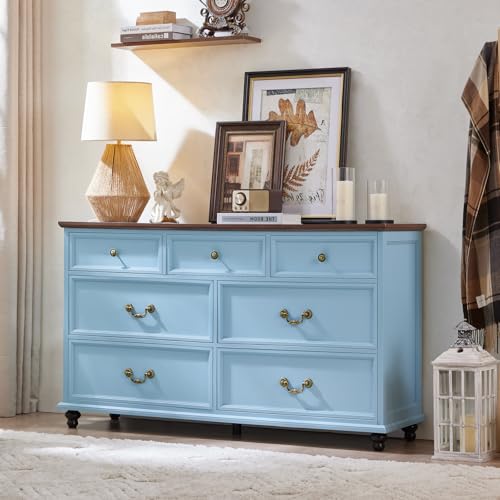 Joaxswe Farmhouse 7 Drawers Dresser for Bedroom, Light Blue 54 Inch Wide Chest of Drawers w/ 4 Wooden Legs, Large Vintage Rustic Closet Dressers for Living Room, Wood TV Stand with Storage Organizer - color: Light Blue, size: 16"D x 54"W x 32"H (7 Drawers