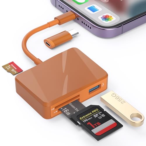 SD Card Reader for iPhone, Memory Card Reader with USB-C to Lightning Adapter Plug and Play Trail Game Camera Micro SD Card Viewer Support SD/TF/MS Card and USB Port for iPad Mac No App(Terracotta) - color: TerraCotta