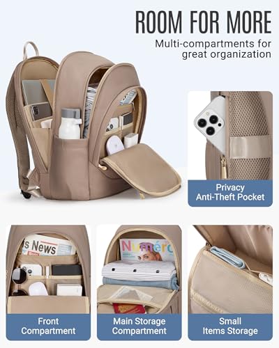 Travel Backpack for Women, 15.6 Inch, Champagne | Laptop Backpack, USB Charging Hole, Water Resistant, Large Capacity, College Bookbag - color: Champagne, size: 15.6 Inch without Wheels