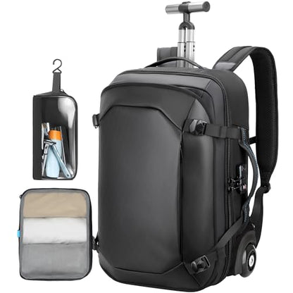 Rolling Laptop Backpack, Carry on Backpack with Wheels, Water Resistant Carry on Suitcase with 2 Packing Cubes, TSA Large Travel Wheeled Backpack for Men to Airline Work Business, Black - color: Black-518