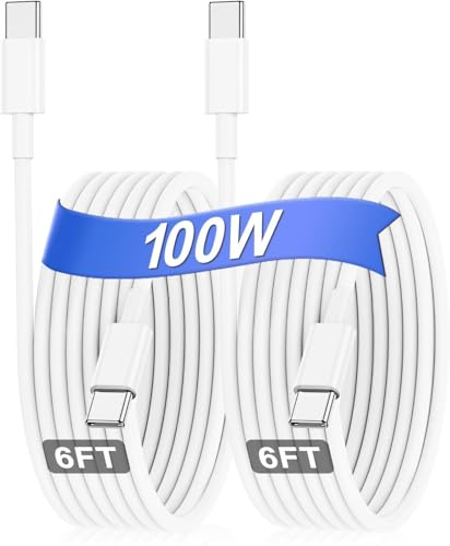 Hzevn 100W USB C Charging Cable for MacBook Pro/Air & for iPhone 16/15 Pro Max, MFi Certified 20V/5A Super Fast Charger Cord 6ft, PD 3.0 Compatible with iPad Pro 12.9/11, Samsung S25/S24(2-Pack) - color: White, size: 6FT + 6FT