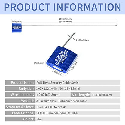 100 Blue Steel Cable Seals with Barcode - High Security Numbered Truck Seals - Anti-Tamper Pull Tite Self-Locking Safety Ties - ISO 17712 - color: Blue With Barcode, size: 100 PCS