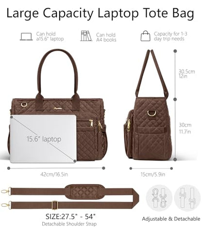 Bagstellar Teacher Tote Bag for Women, 15.6" Laptop Work Tote Computer Bag | Quilted Bible Nurse Bag with 40oz Cup Holder, Insulated Pocket & Strap, Large Laptop Briefcase for School Travel Office Gifts - color: Chocolate