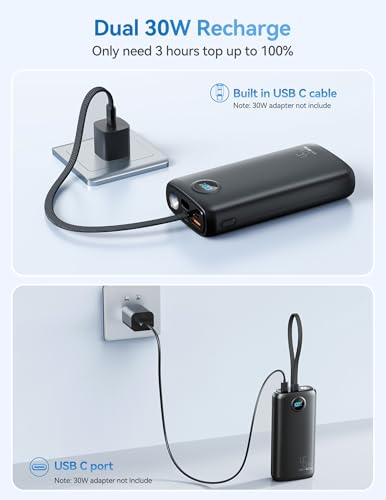 DIAMUAR Portable Charger 20000mAh 45W, Built in USB C Cable, 3W Flashlight | Fast Charging, Digital Display, 3 Ports, All-Day Power, Travel-Ready, for iPhone 17/16/15, Tablet, Laptop, Camping Essentials - color: Black