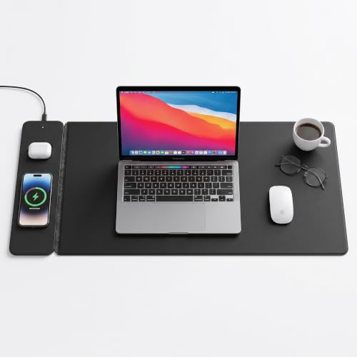 Wireless Charging Desk Mat, Detachable MagSafe & Qi Mouse Pad with Hidden Storage Pocket, 4-in-1 Charges iPhone, Android, AirPods & Wireless Earbuds, Vegan Leather, XL 30.7"x14.6", Black - color: Black