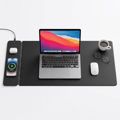 Wireless Charging Desk Mat, Detachable MagSafe & Qi Mouse Pad with Hidden Storage Pocket, 4-in-1 Charges iPhone, Android, AirPods & Wireless Earbuds, Vegan Leather, XL 30.7"x14.6", Black - color: Black
