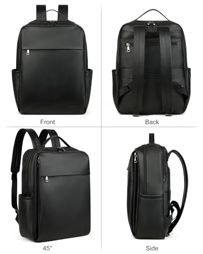 MASINTOR 15.6 inch PU Leather Laptop Backpack Purse for Women | College Laptop Backpack, Spacious Main Compartment, Luggage Strap & Padded Sleeve, Ideal for Campus, Commute & Travel - color: Black