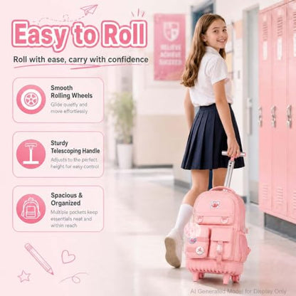 WZLVO Rolling Backpack for Girls Women, 21 inch Water Resistant Roller Wheels Backpacks, Wheeled Bookbag with Lunch Bag for Teen Elementary School Travel - Pink - color: Pink