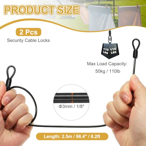 PATIKIL Security Cable Lock (1/8" Dia 8.2ft 110lb Load Capacity, Black)(2 Pcs) Vinyl Coated Stainless Steel Flexible Wire Rope Safety Cable Luggage Lock with Double Loops - color: Black, size: 1/8" x 8.2 ft, 110lb Load