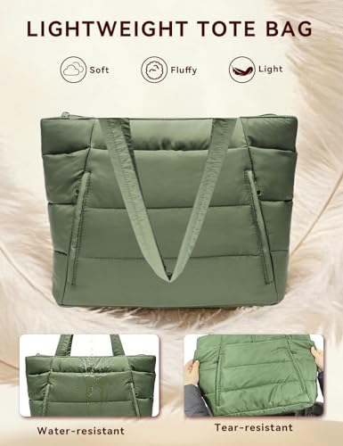 Puffer Tote Bag for Women, Nurse, Large Quilted Shoulder Bag with Cup Holder & Laptop Compartment for Work, Travel, Gym - color: Green