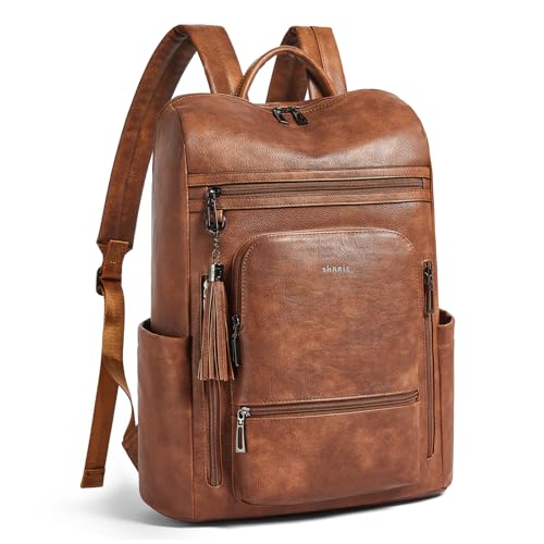 Upgraded 17 inch Leather Laptop Backpack for Women | Waterproof Vegan Leather Computer Backpack with Laptop Compartment,32L Large Capacity,Travel Work Business College - color: Two-toned Brown