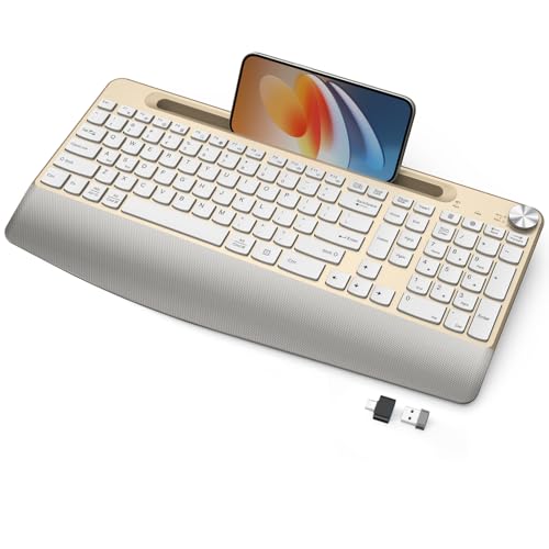JOYACCESS Ergonomic Wireless Keyboard with Palm Rest & Tilt Angle, 2.4G Full-Size, Comfortable Typing, USB-C Adapter & Phone Holder for Mac/Windows -Gold White - color: Gold White