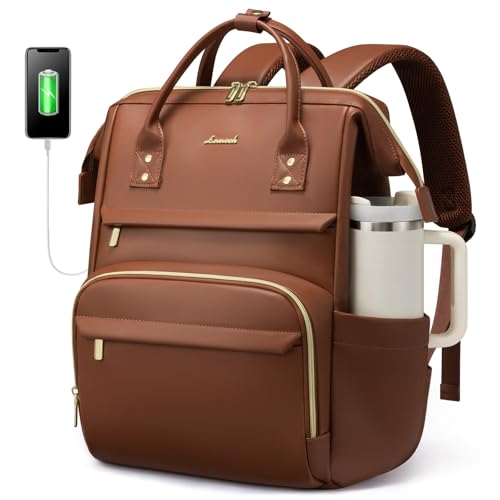 LOVEVOOK Laptop Backpack for Women with Large Water Bottle Pocket, 18 inch Water Resistant Leather Travel Backpack with USB Port, Professional Work College Teacher Backpack - color: Brown, size: 18-Cup