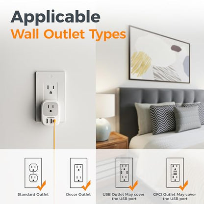 TESSAN Wall Charger Block 3 USB Charging Ports 1 USB C 1 AC Outlet Splitter | 1875W Wall Outlet Extender, Multi Plug Adapter for Cruise, Home, Office, Dorm Room Essentials, Grey