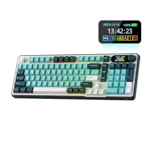 RK ROYAL KLUDGE S98 Mechanical Keyboard w/Smart Display & Knob, 96% RGB Wireless Gaming Keyboard BT/2.4G/USB-C, Hot Swappable Custom Keyboards, Software Support, Silent Computer Gaming Keyboard - color: Turquoise Green, size: Linear Silent Switch