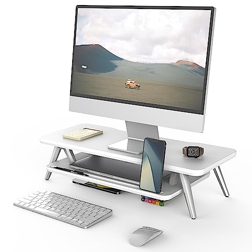 Fenge Monitor Stand Riser, Wooden Desk Shelf with 2-Tier Storage | 23.6-Inch Wide, Sturdy Aluminum Legs, Built-In Phone & Tablet Slot, Desktop Organizer for Office Accessories - color: White, size: 23.6 Inch
