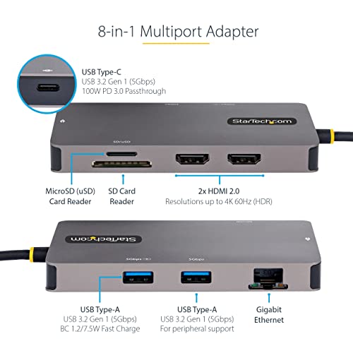StarTech 8-in-1 USB-C Mini Dock, Dual 4K 60Hz HDMI, 5Gbps, GbE, SD, 100W | Dual HDMI via MST, DisplayPort 1.4 with DSC, HDR10, Ultrawide 21:9, 12in/30cm cable, Automatic driver setup, Ubuntu - style: Dual monitor