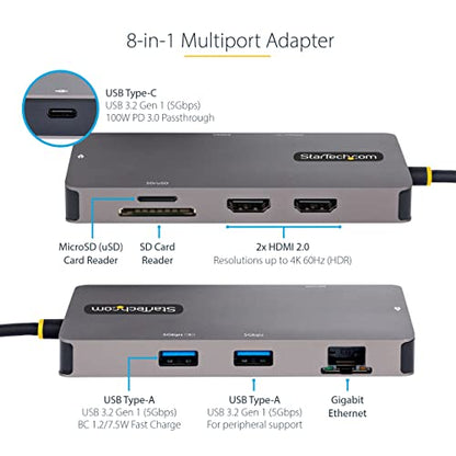 StarTech 8-in-1 USB-C Mini Dock, Dual 4K 60Hz HDMI, 5Gbps, GbE, SD, 100W | Dual HDMI via MST, DisplayPort 1.4 with DSC, HDR10, Ultrawide 21:9, 12in/30cm cable, Automatic driver setup, Ubuntu - style: Dual monitor