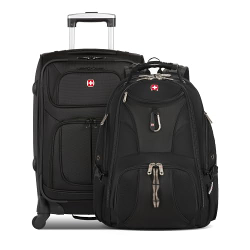 SWISSGEAR Sion 2-Piece Travel Set, Softside Expandable Carry-On Spinner Bundled with 1900 ScanSmart 17" Laptop Backpack with RFID Blocking & Tech Organization, Black - color: Black, size: 2-Piece Set (Carry-On/Backpack)