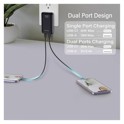 Flat 45W GaN USB Wall Charger with PD 3.0&PPS,Folding 2-Ports for Traveling,Super Fast Charging for Laptops, Tablets, Phones,Includes 2.28ft Fast Charging Cable, Black - style: Black with cable