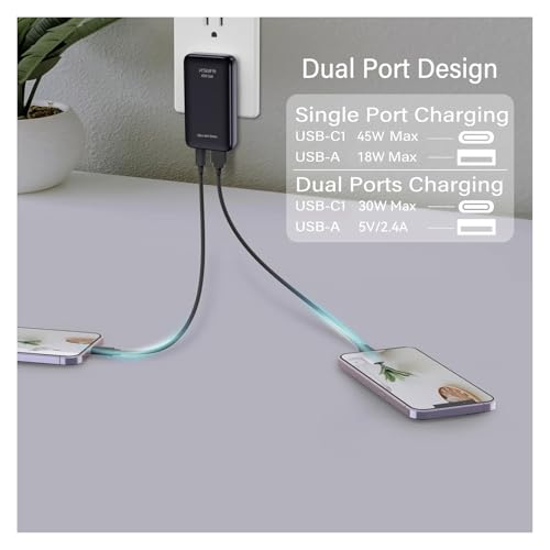 Flat 45W USB C Charger, Slim Wall Charger, Super Fast Charger with PPS, Folding Fast Charger with Dual Ports for Traveling, 45W PD Fast Charging for Laptops, Tablets, Phones - style: Black without cable