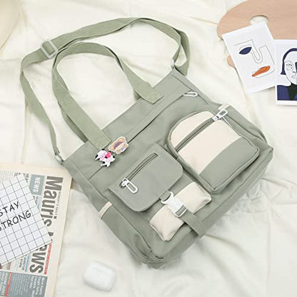 Phaoullzon Cute Messenger Bag Kawaii Crossbody Purse for Teen Shoulder Tote | Gifts for Girls/ Women, Nylon Japanese College Satchel Travel Work Gym Handbag - color: Green, style: Large(could Fit 14" Laptop)