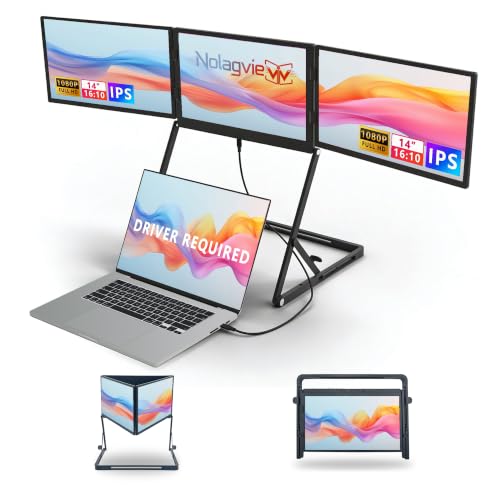 Laptop Triple Screen Extender, 14" Freestanding Triple Portable Monitor for Laptop, 1080P FHD IPS, 1 USB-C Connection for 4 Screens, Foldable Triple Screen for Work & Travel