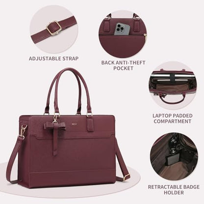 Keyli 3pcs Laptop Bag for Women 15.6 Inch Leather Work Tote Bags Professional Business Office Computer Shoulder Briefcase - color: 3pcs-wine Red