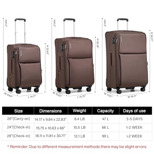 Hanke 24 Inch Luggage Expandable Softside Checked Suitcases with Spinner Wheels, Upright Rolling Luggage Suitcases Travel TSA Luggage Bag for Women Men(Coffee) - color: Coffee, size: 24 Inch Checked in