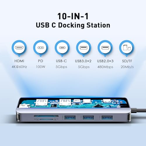 USB C Hub 10-in-1 with 4K HDMI Adapter, SD/TF Card Reader, 100W PD Charging, 2 USB 3.0 Ports, and 3 USB 2.0 Ports for MacBook Pro/Air, Dell XPS, Lenovo ThinkPad, etc. - style: 10-in-1-HDMI