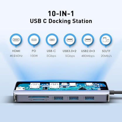 USB C Hub 10-in-1 with 4K HDMI Adapter, SD/TF Card Reader, 100W PD Charging, 2 USB 3.0 Ports, and 3 USB 2.0 Ports for MacBook Pro/Air, Dell XPS, Lenovo ThinkPad, etc. - style: 10-in-1-HDMI