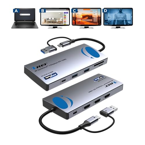 OREI SplitXtend USB C Docking Station Triple Monitor with 3xHDMI Ports, Thunderbolt 4 Dock, HDMI DisplayPort Hub, Dual Monitor HDMI Adapter Extend, USB C Splitter, 100W PD, SD Card Reader, 4K Output - color: Matte Black