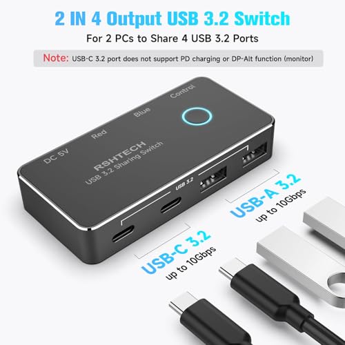 RSHTECH USB 3.2/USB C Switch 10Gbps 2 Computers Share 4 Devices, RSH-A201C | USB Switcher Selector with USB 3.2 Ports(2 USB-A+2 USB-C), 2 Cables and Controller for PC Laptop, No Video Output or Charging