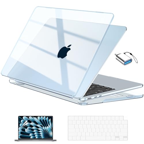 EooCoo for MacBook Air 13 inch Case M5/M4/M3/M2 2026-2022, Crystal Sky Blue | Easy Snap-On Fit for Mac Air 13.6"，Hard Shell & Keyboard Cover & Screen Film & Type-C Included, A3449/A3240/A3113/A2681 - color: Crystal Sky Blue