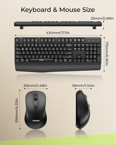 seenda COE200 Wireless Bluetooth Keyboard and Mouse Combo with Wrist Rest | USB/Bluetooth multi-device switching, quiet clicks, full-size ergonomic set for PC, laptop, Mac, and MacBook, Black - color: Black