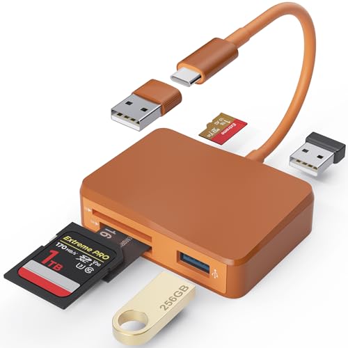 SD Card Reader, 5 in 1 USB-C & USB Card Adapter with SD/MicroSD/MS and Dual USB-A Ports Memory Card Reader for iPhone 17/16/15 Pro Max iPad MacBook Pro/Air M4/M3 Android Phone/Tablet PC (Terracotta) - color: Terracotta