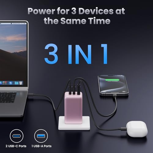 128W USB C Wall Charger,GaN III 3-Port Fast Charging Station,PD QC Foldable Charger Block Portable 65W Laptop Adapter for MacBook Pro/Air,iPad Pro,Galaxy S23,Dell XPS 13,iPhone 17/16/Pro etc - color: Pink
