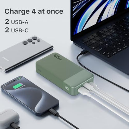 NOBIS 20000mAh Battery Pack Power Bank 65W Power Bank, Portable Charger with Digital Display, Dual USB-C/USB-A Fast Charging for Laptop, Phone, Tablet, Travel-Friendly External Battery Pack - color: Green