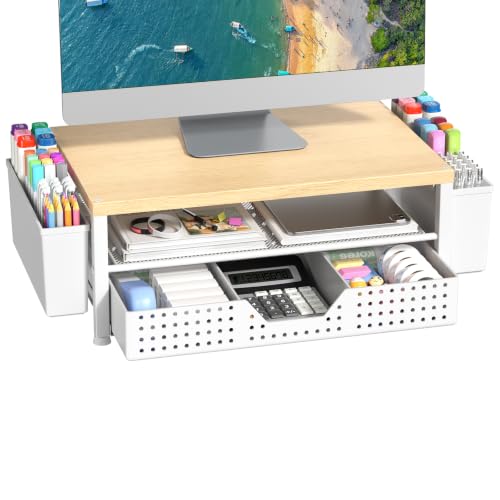Wood Metal Monitor Stand Riser, Laptop Stand for Desk, Office Desk Organizer and Accessories, Computer Desktop Shelf with Drawer and Pen Holder, Printer Stand for Home, Office, Dorm (Natural Wood) - color: Natural Wood-Regular
