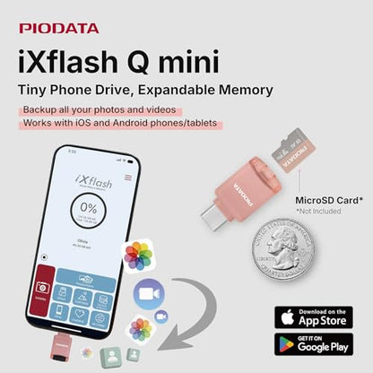 Micro SD Card Reader for iPhone 17/16/15, iPad, Android, Mac, PC, Laptop, USB C Memory Card Reader Adapter, Auto Photo Backup, Apple MFi Photo Stick Phone Drive iXflash Q mini w/Free App Pink - color: Pink
