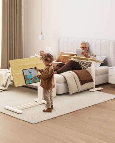 FLEXISPOT H7 PRO 90° Tiltable Mobile Overbed Table with Pneumatic Lift,28'' | Full foldable bedside table with adjustable desktop for laptop, Rolling Computer Cart and bed sofa.27.6" W x 15.7" D,Maple - color: Maple, size: 28x16