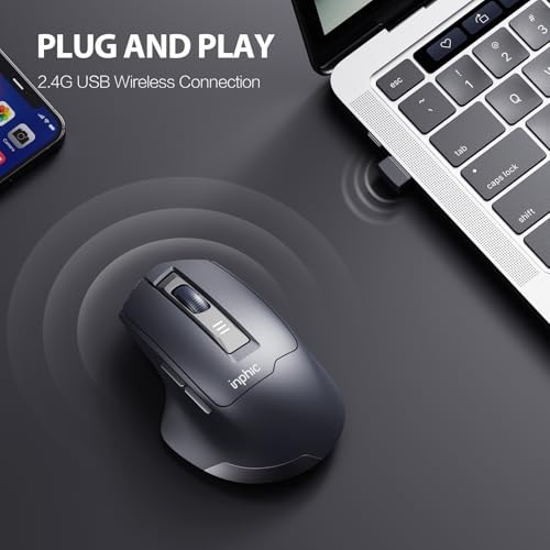 INPHIC Wireless Mouse Rechargeable, [Battery Level Visible], Silent Click USB 2.4G Cordless Mouse for Laptop PC Computer, 6 Buttons, 2400DPI 4 Adjustment Levels, Grey