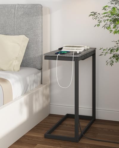 TUTOTAK Large C Shaped End Table, Side Table with Charging Station C Table | Tilting Laptop Stand with Storage, Computer Couch table for Living Room, Bedroom, Charcoal Grey TB01BY090 - color: Charcoal Grey, style: Plug