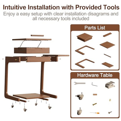 Solid Wood C Shaped End Table for Couch,Walnut C Table with Wheels,Rolling Side Table with Storage,Couch Desk with Adjustable Desktop,Rolling Tv Tray with Folding Shelf,Modern Couch Table - color: Walnut