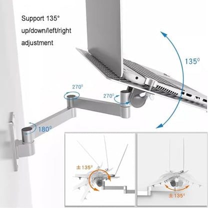 Foldable Laptop Wall Mount Bracket w/Adjustable Holder and Mouse Tray,Full Motion Articulating Design for Enhanced Heat Dissipation,8KG for Office