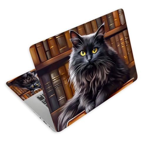 Universal Laptop Skin Decal, 3-Piece Vinyl Protector for 12 13 14 15.6" Notebook, Waterproof Anti-Scratch, Easy Trim & Bubble-Free Finish, Black Cat Sitting Book - color: Black Cat Sitting Book